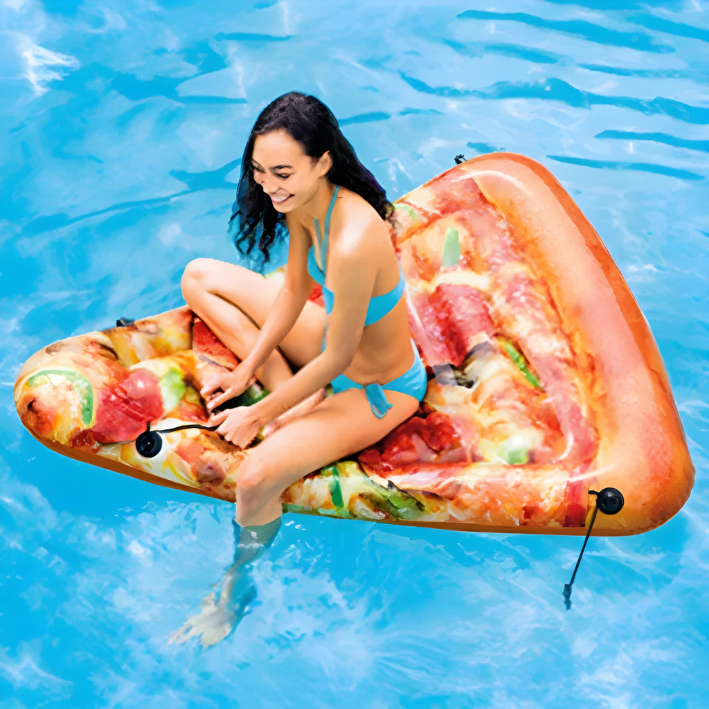 Pizza-themed inflatable surfboard recliner measuring 175cm by 145cm for pool lounging