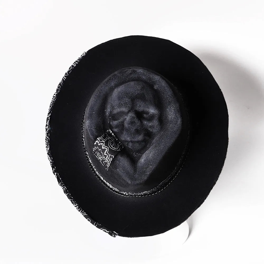 Handmade conical skull hat made from wool felt denim fabric