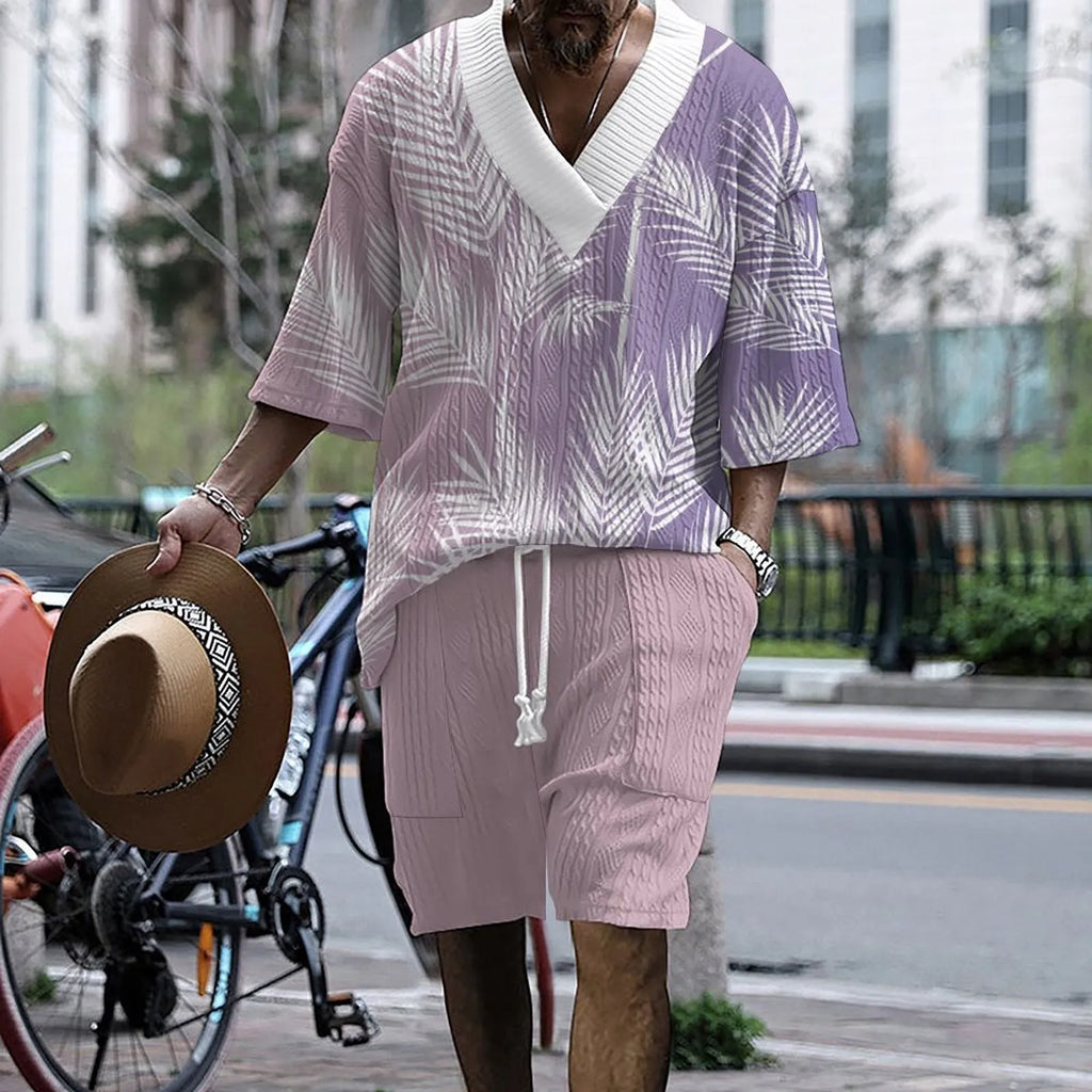 Men's printed drop shoulder knitted short sleeve top and matching shorts set