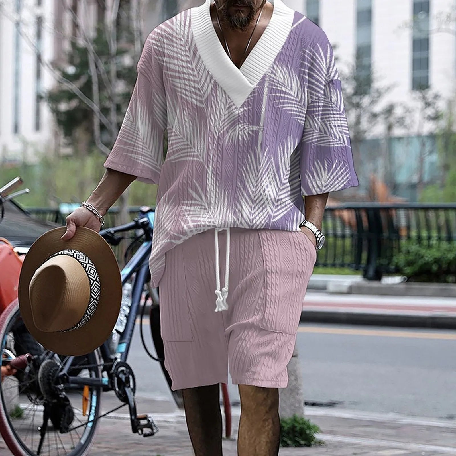 Men's printed drop shoulder knitted short sleeve top and matching shorts set