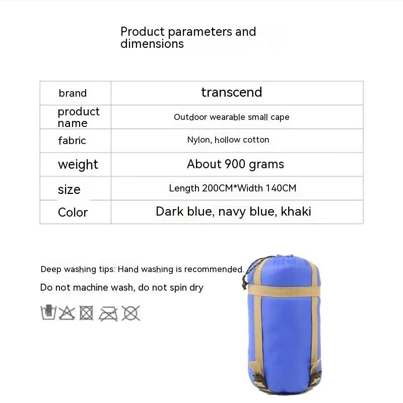 Grey outdoor cloak sleeping bag for adults showing wearable design and 200x140cm dimensions