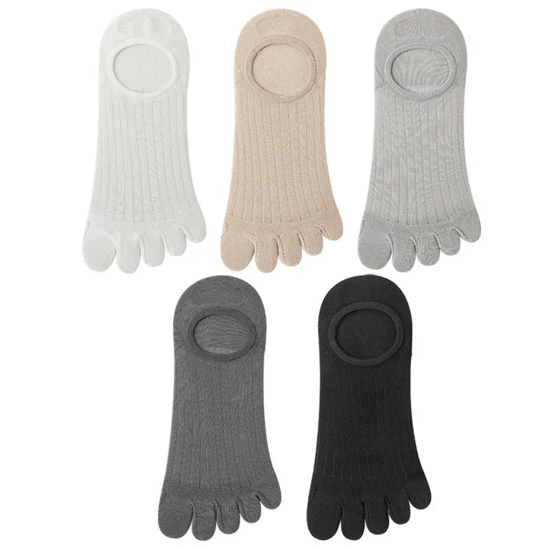 Ultra-thin modal cotton five-finger boat socks in black, shown on a foot.
