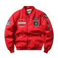 Men's slim-fit stand collar motorcycle coat in black with retro embroidery and patch pockets