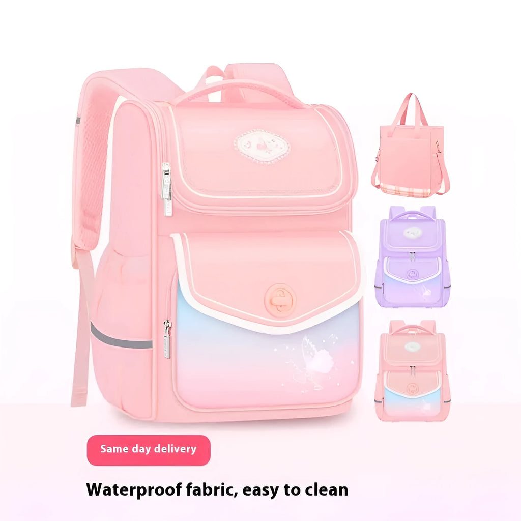 Girls' primary school backpack in Oxford cloth with burden alleviation design, shown in pink colour variant