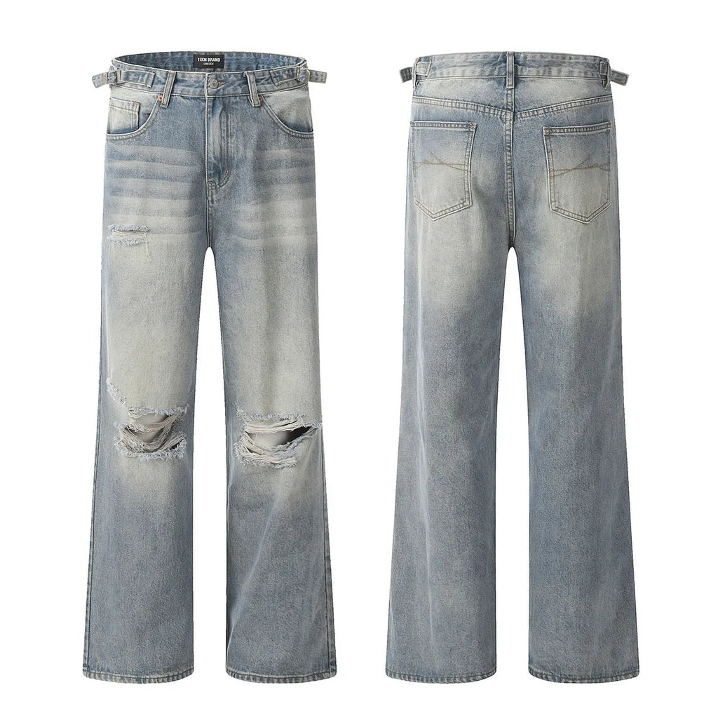 Men's blue straight-leg jeans with retro styling and zipper fly