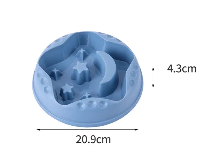Moon star wings design slow feed dog bowl in blue with raised centre and anti-slip base