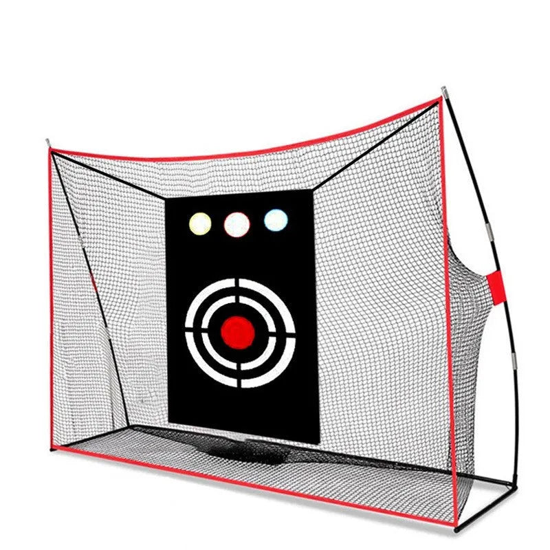 Golf wedge training net with three-hole cross target and straw practice mat