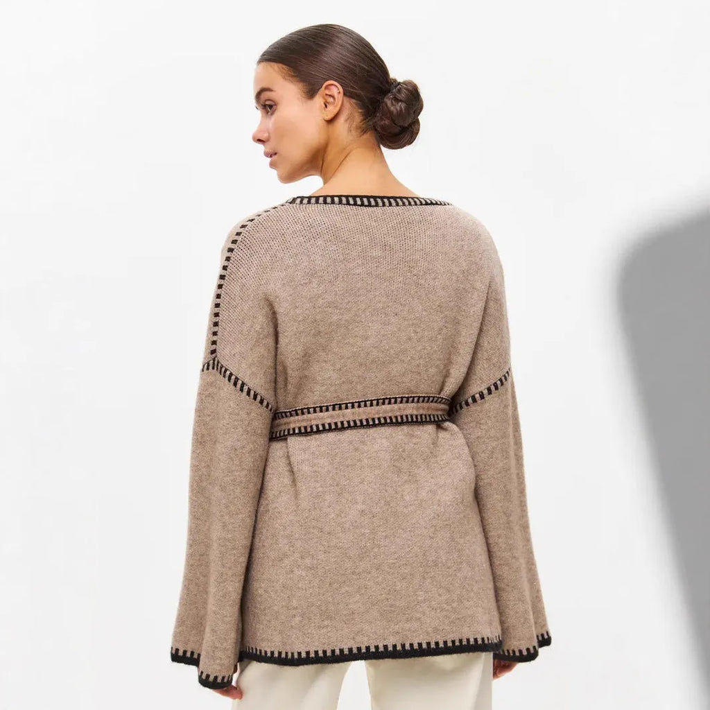 Loose fit lace-up knitted cardigan in imitation cashmere available in white, black and camel colours