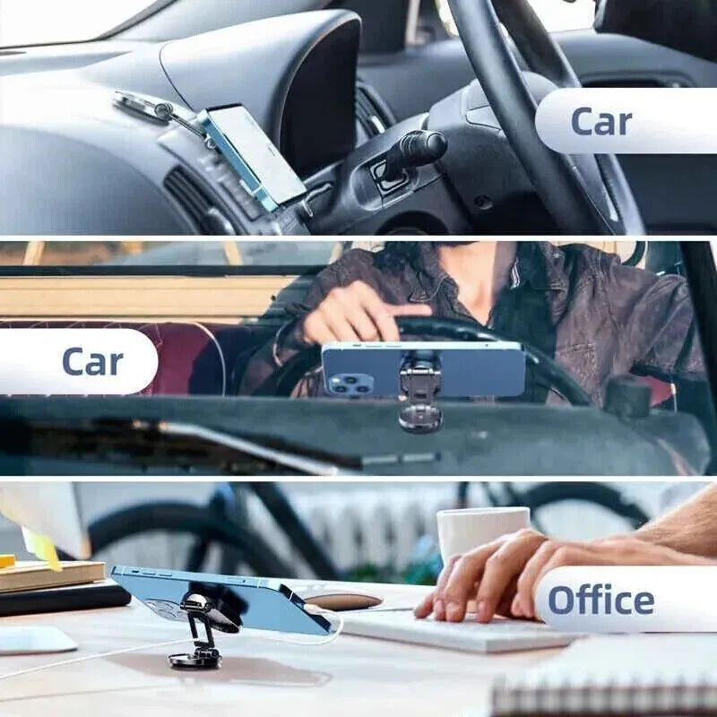 Chrome magnetic car phone holder with folding bracket and 360-degree swivel rotation