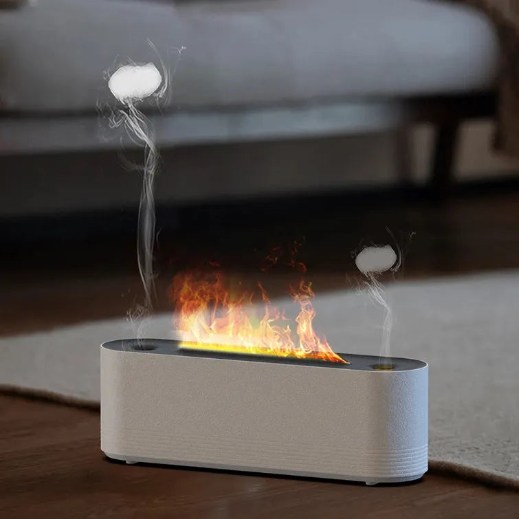 Black or white Flame Air ultrasonic humidifier and essential oil diffuser with LED flame lights on.