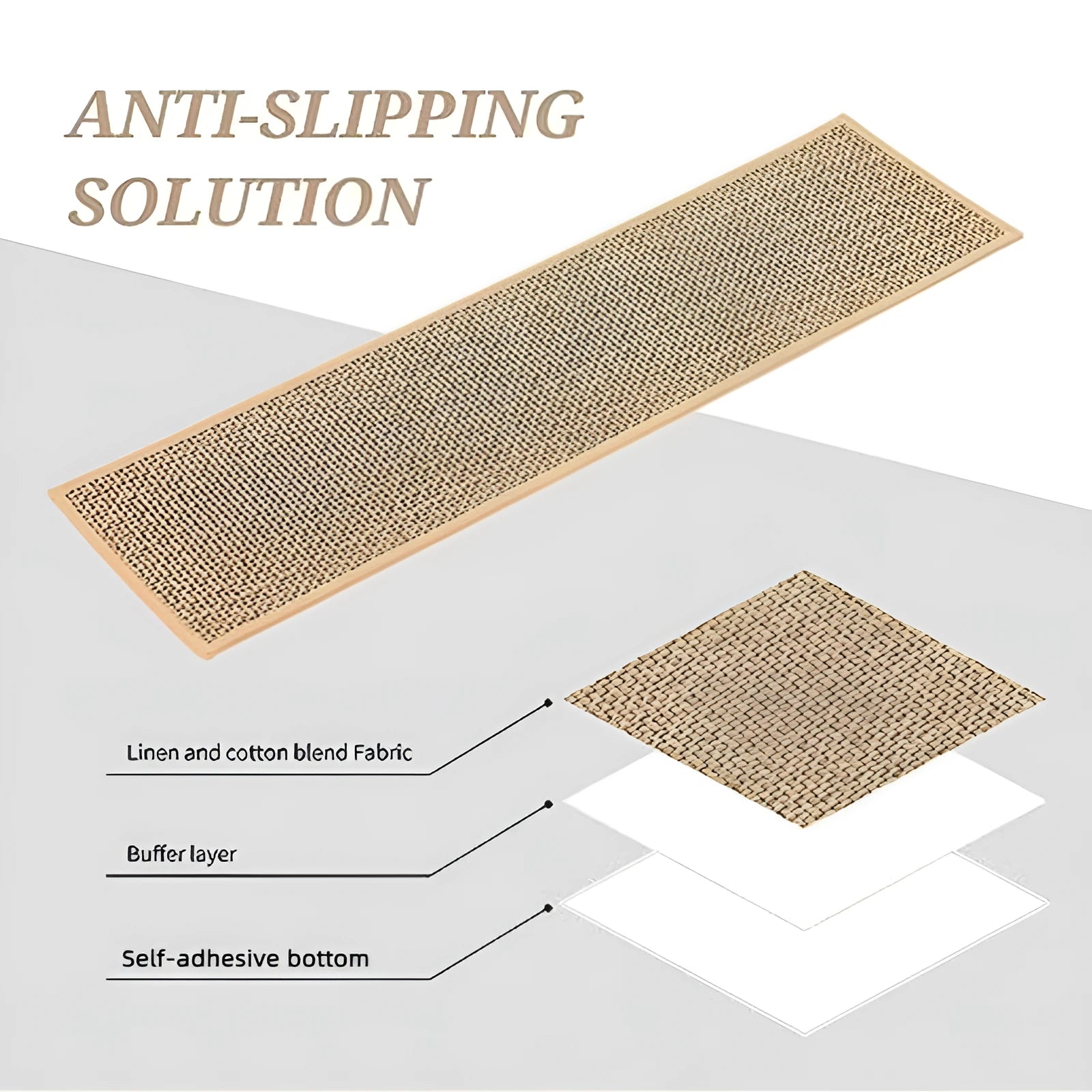 Japanese-style linen-look polyester stair mat in camel colour with rubber bottom on wooden stair