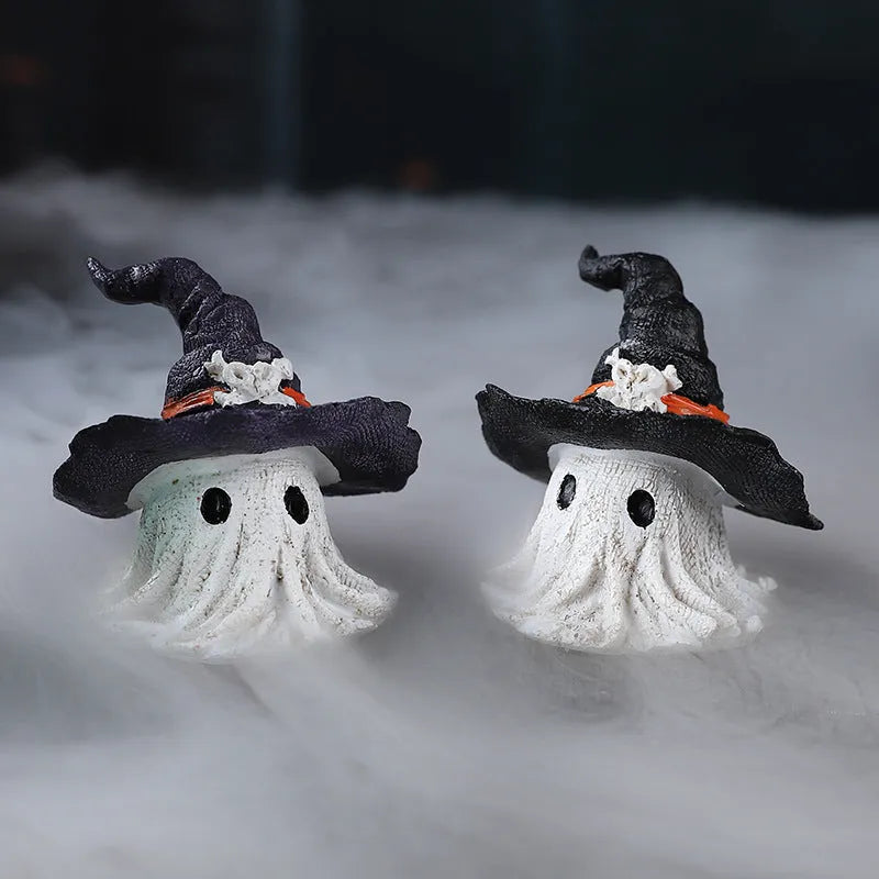 Resin wizard hat ghost ornament in kid-sized dimensions available in black or purple colour options