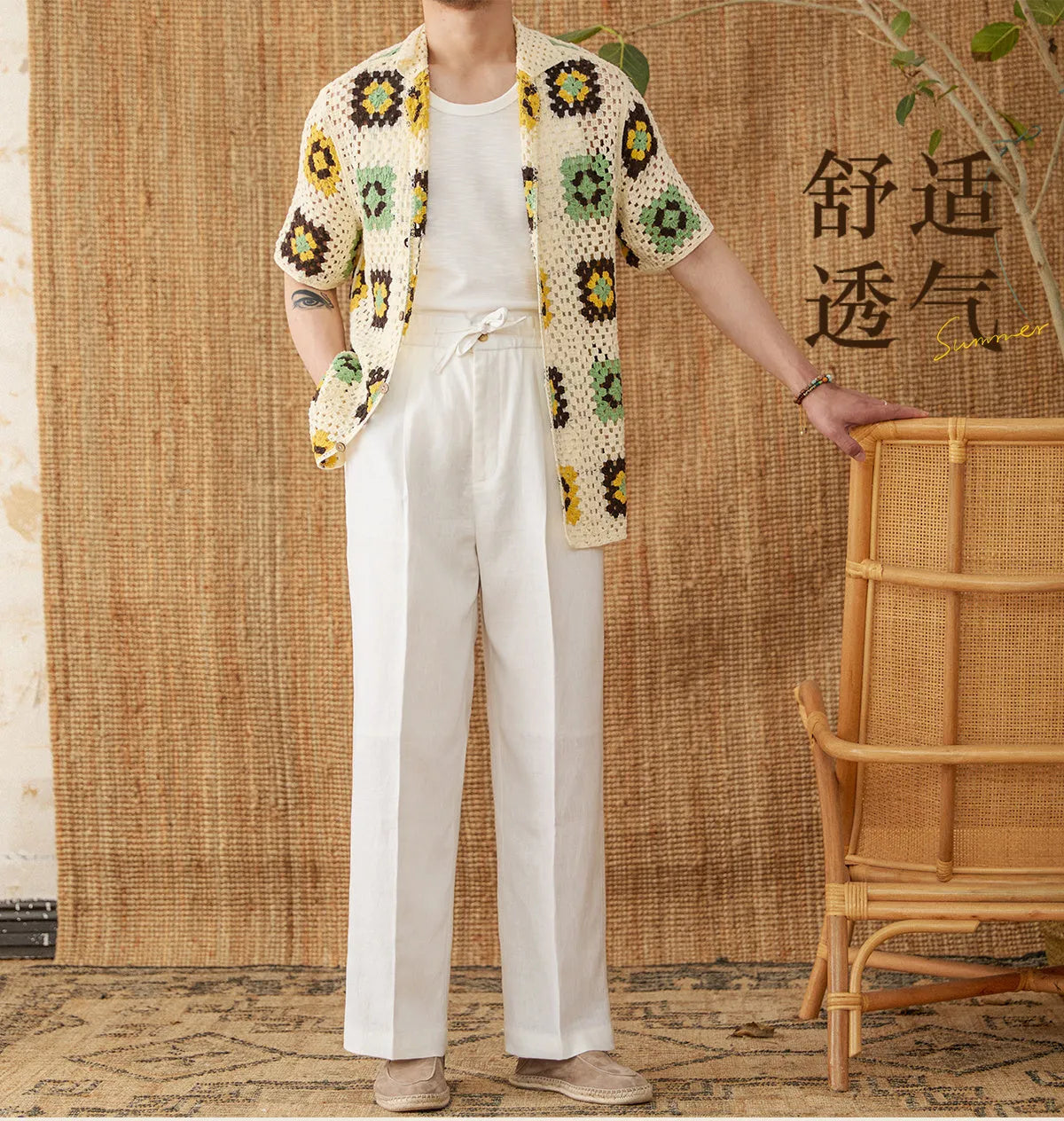 Women's linen straight-leg trousers with elasticated high waist in lace fabric
