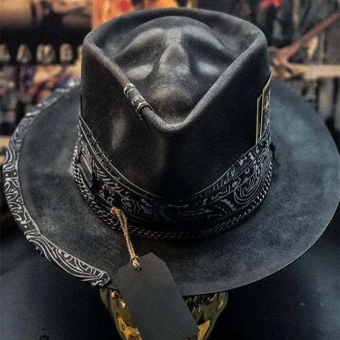 Handmade conical skull hat made from wool felt denim fabric