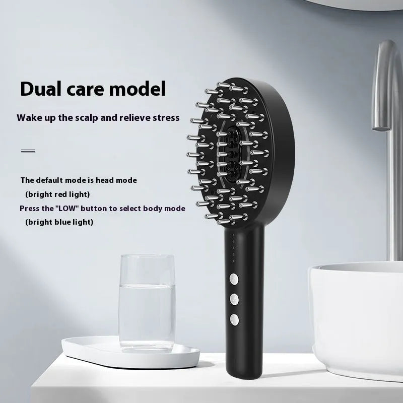 Black handheld scalp massage device with vibration therapy function and USB charging cable