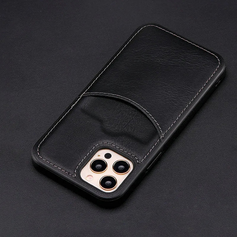 Dark blue PU leather protective iPhone case showing front and back views