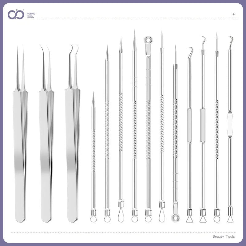 Four metal acne needle tools with pointed tips on a white background.