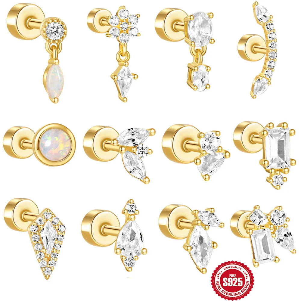 S925 sterling silver geometric ear bone stud with gold plating and threaded post