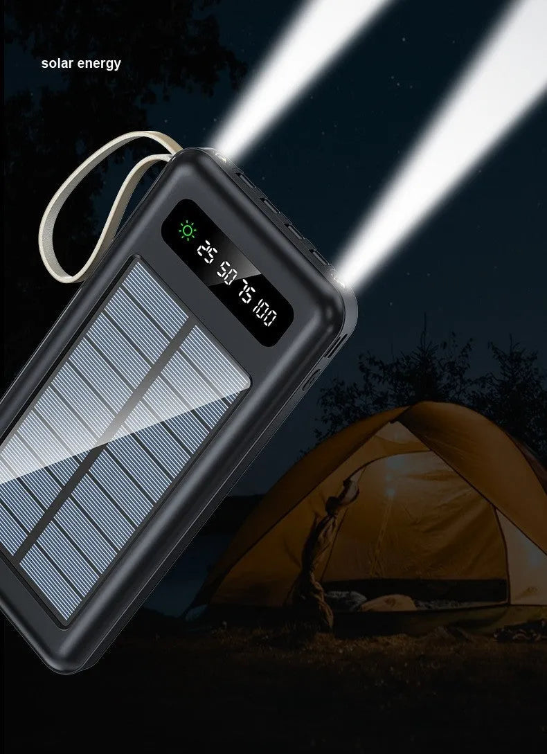 Cool black and ivory white solar power bank showing front view with USB ports and solar panel line.