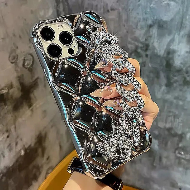 Luxury diamond bracelet phone case in plated rhombus gold for iPhone