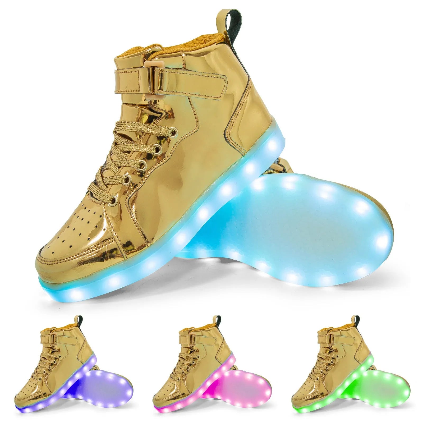 Black LED high-top dance shoes with light-up soles and Velcro strap.