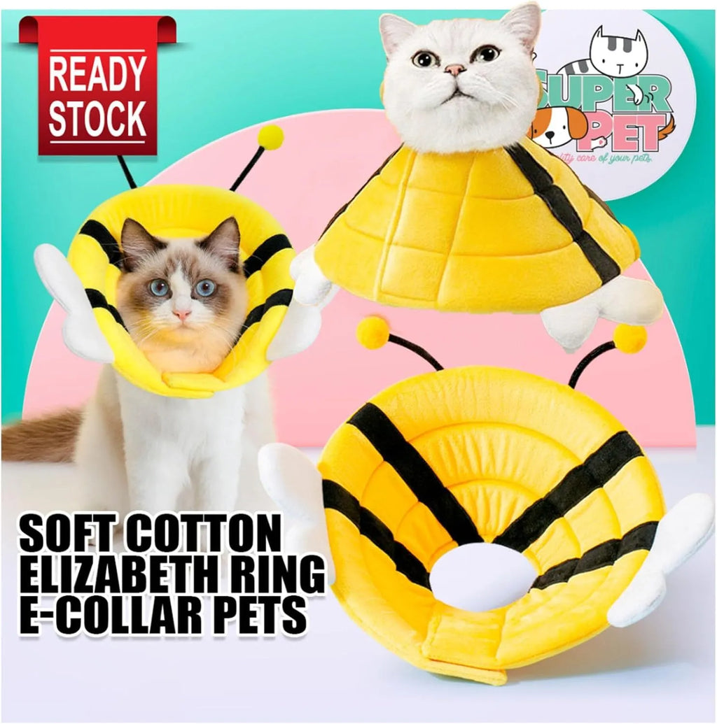 Soft cat cone collar with bee design showing Velcro closure and adjustable sizing