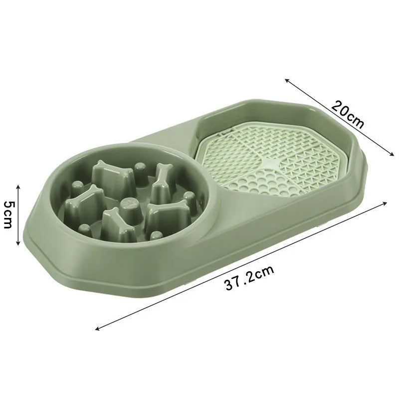 Blue slow feeder dog bowl with maze pattern for dry food and central cup for wet food like peanut butter.
