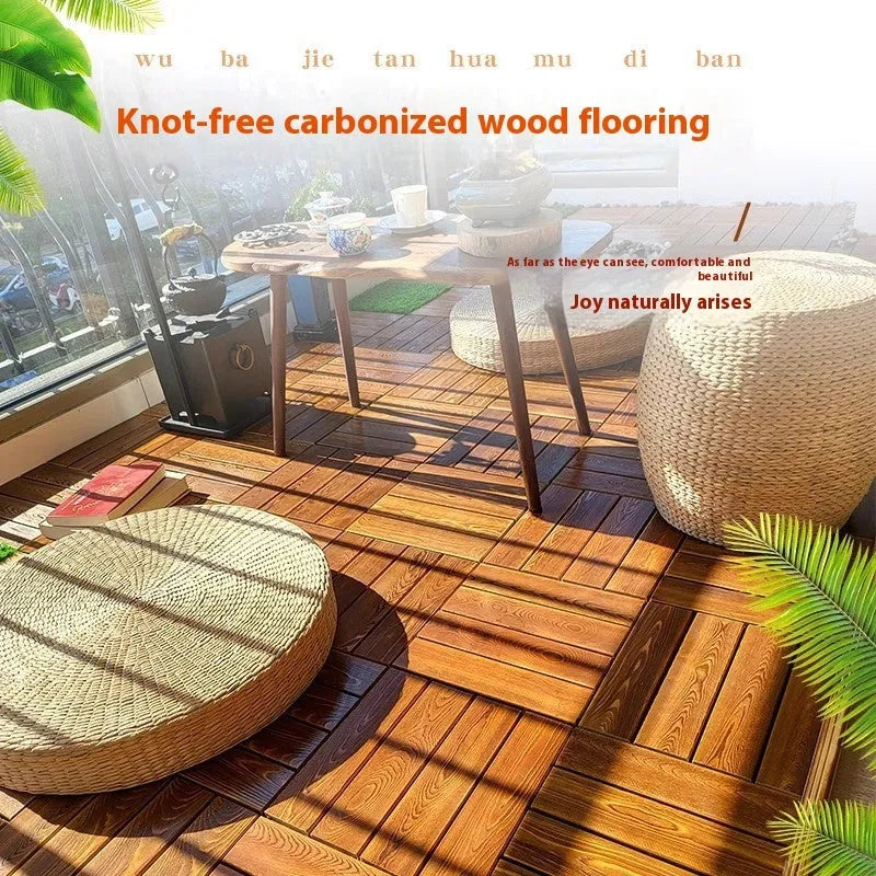 Set of four square camphor pine wood flooring tiles with a modern grain, measuring 30x30cm.