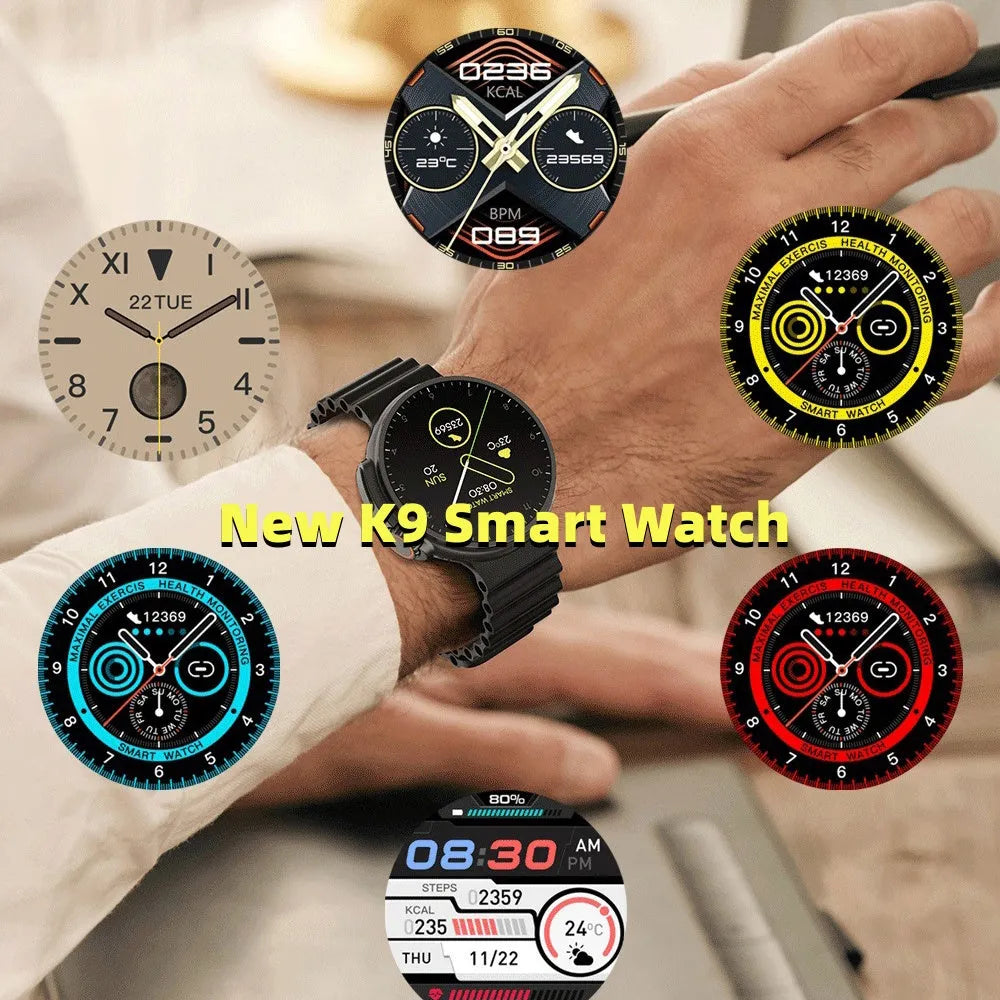 K9 smart watch with black silicone strap and round screen displaying fitness stats.