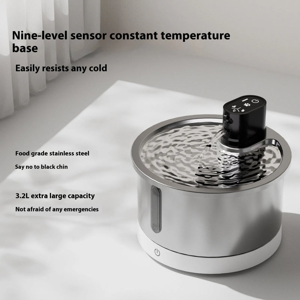 Stainless steel pet water fountain with constant temperature heating base in white colour