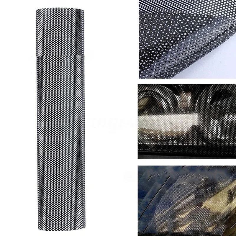 Black perforated mesh automotive film sheet for car wraps measuring 30cm by 106cm