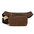 Brown cowhide sports waist bag with phone compartment and laptop space
