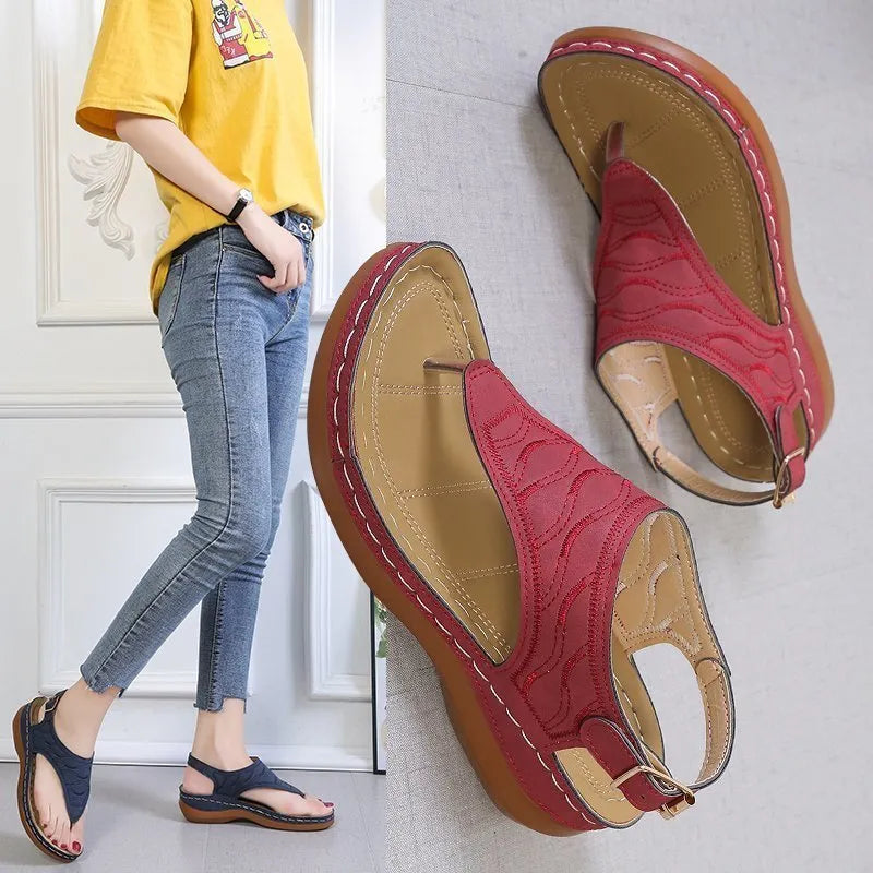Women's wedge heel flip flop sandals with adjustable buckle strap in solid colours