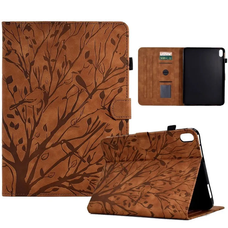 Leather-look tablet protective case with integrated stand in black, shown propping up a tablet.