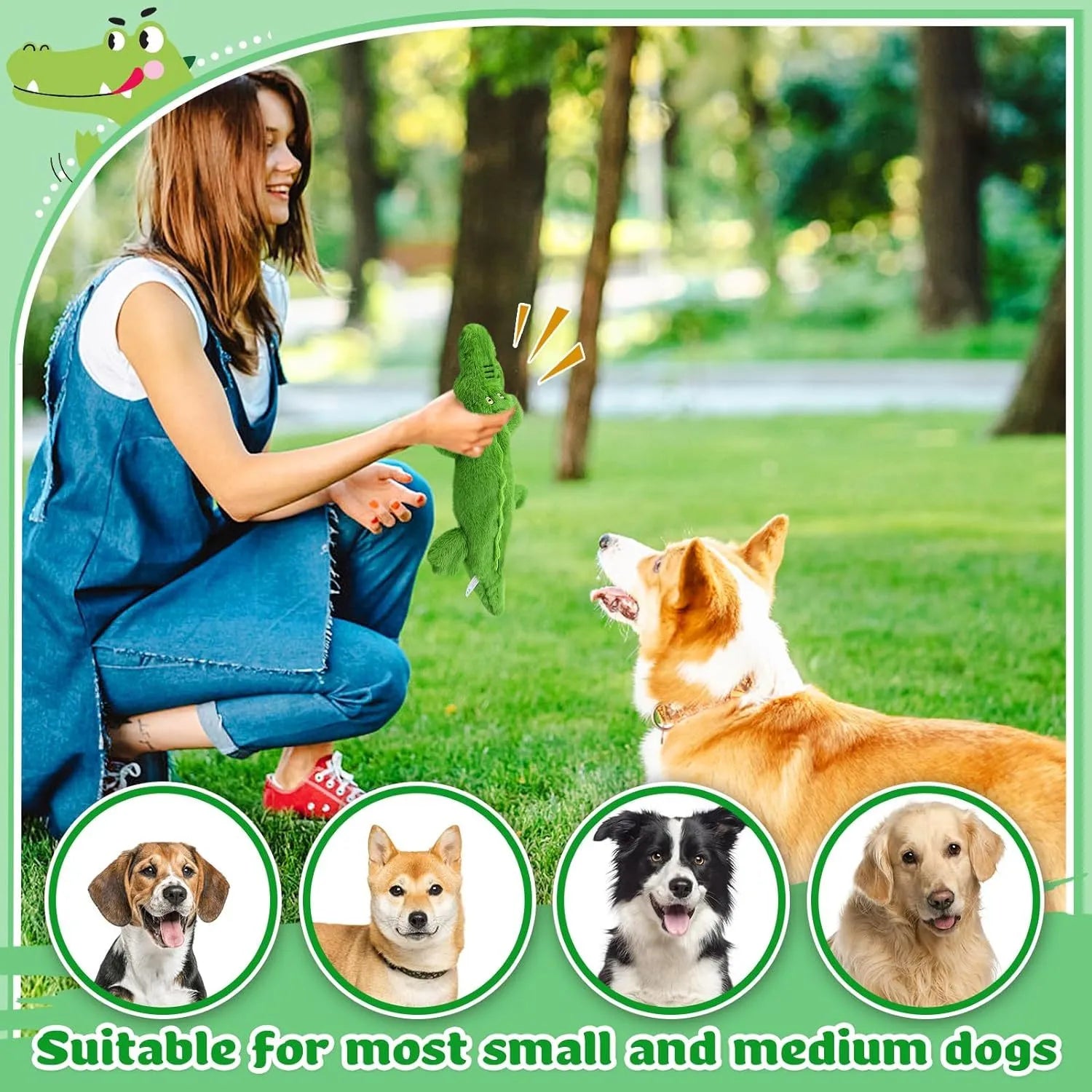 Green crocodile plush dog toy with no-stuffing design for aggressive chewers