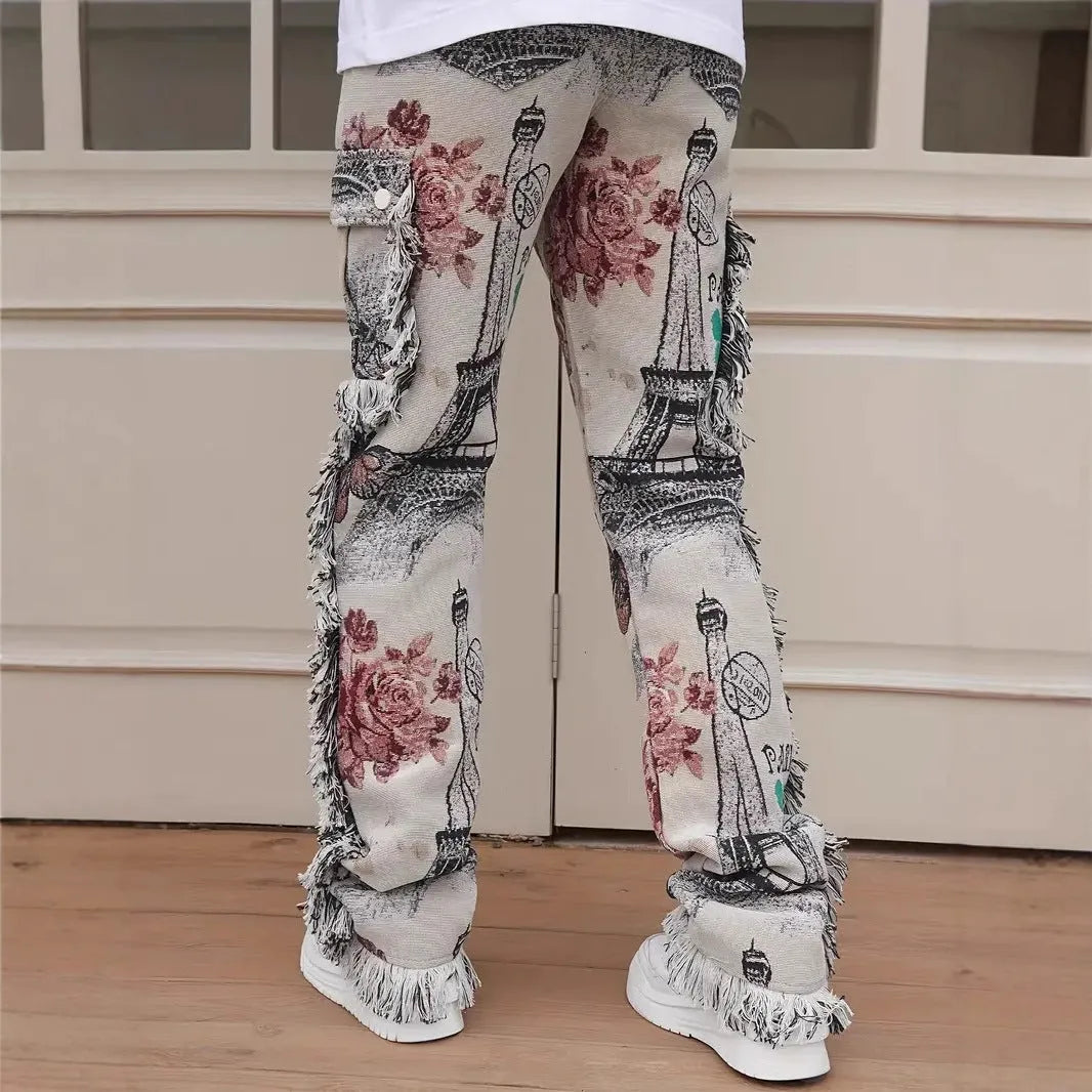 Men's animal digital print slim fit denim trousers, mid waist, zip placket, available in multiple sizes