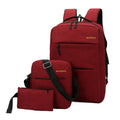 Set of three men's nylon computer bags with USB charging ports in black, grey, navy, and wine red colours.