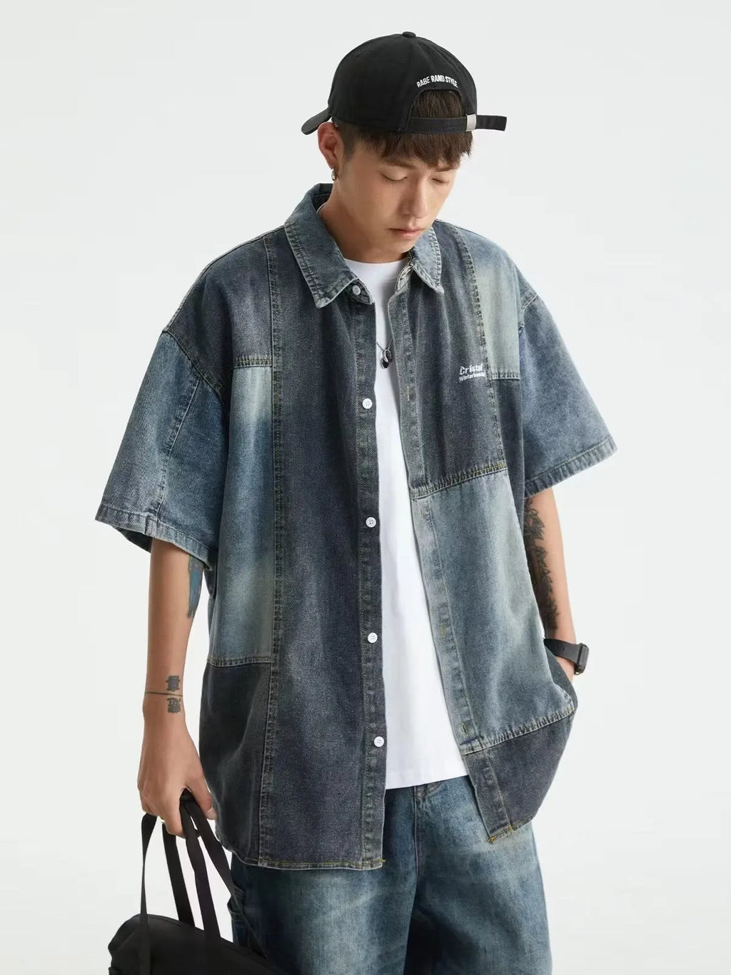 Blue denim shirt with Japanese retro washed stitching detail in loose cardigan fit for men