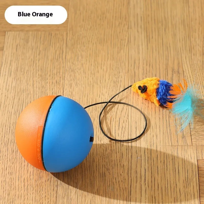 Automatic cat teasing ball toy with attached grey plush mouse on a blue and orange plastic ball