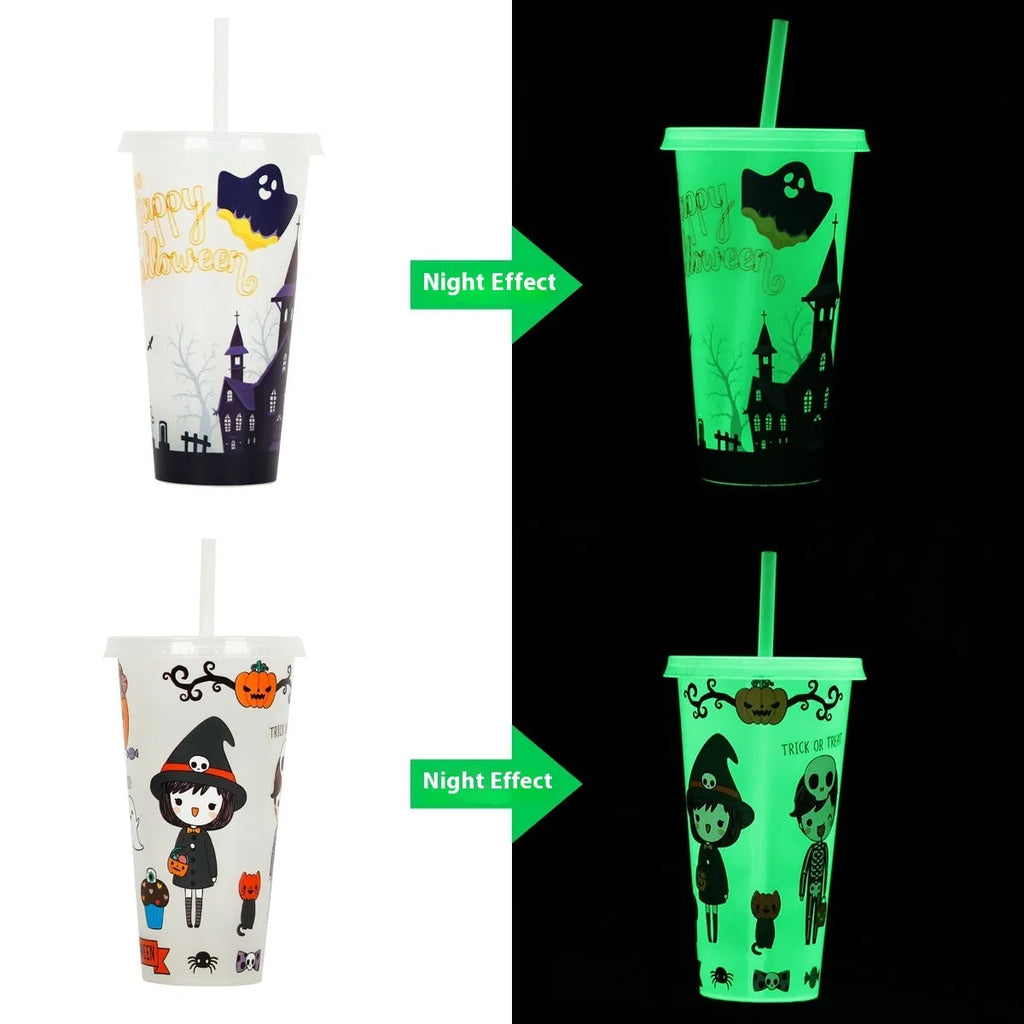 Halloween-themed luminous plastic straw cup with 720ml capacity in assorted colours.