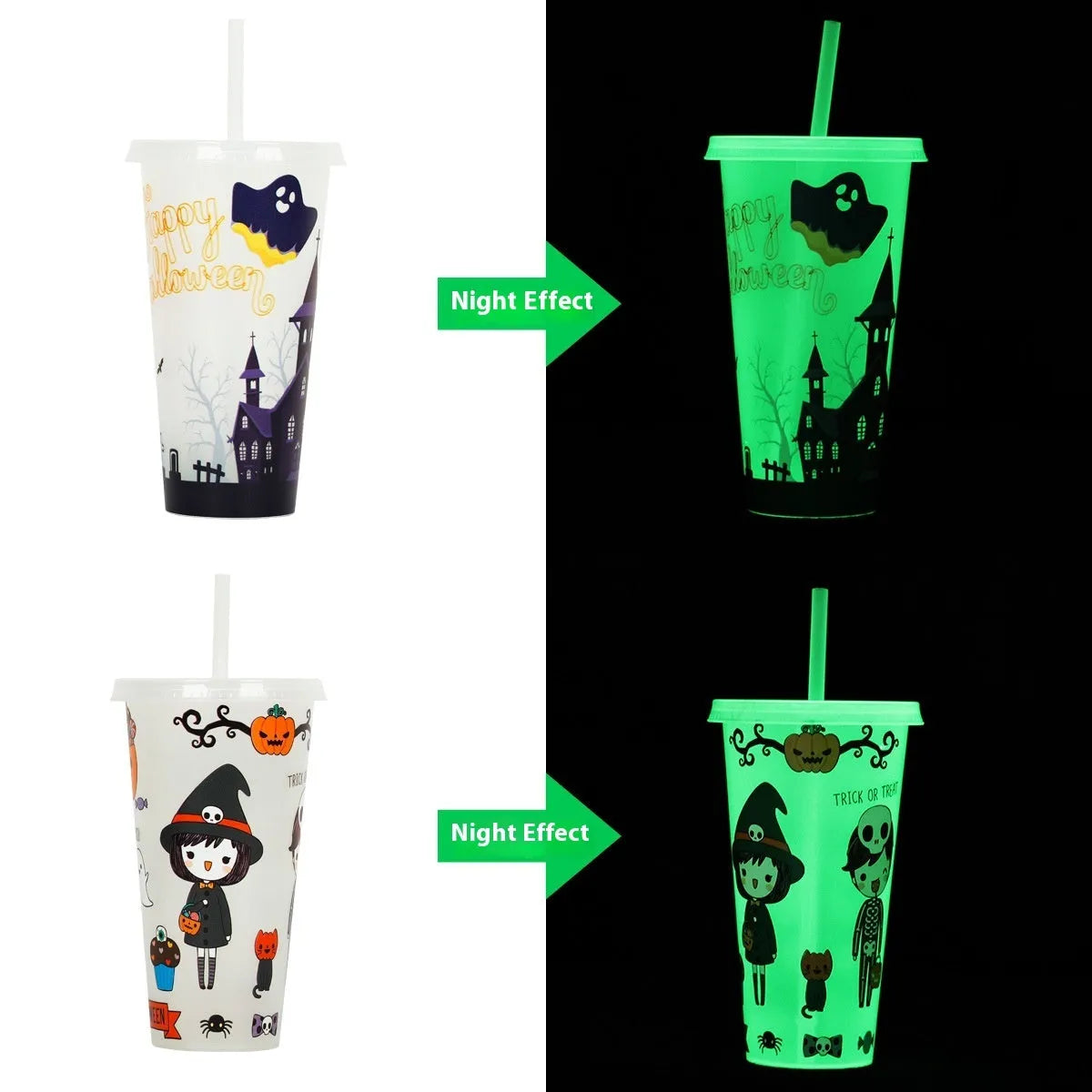 Halloween-themed luminous plastic straw cup with 720ml capacity in assorted colours.