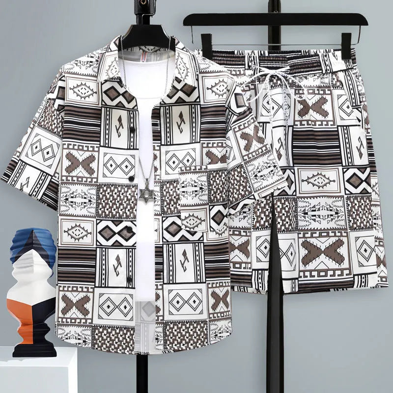 Men's casual polyester shorts and short sleeve top two-piece set in a neutral colour.