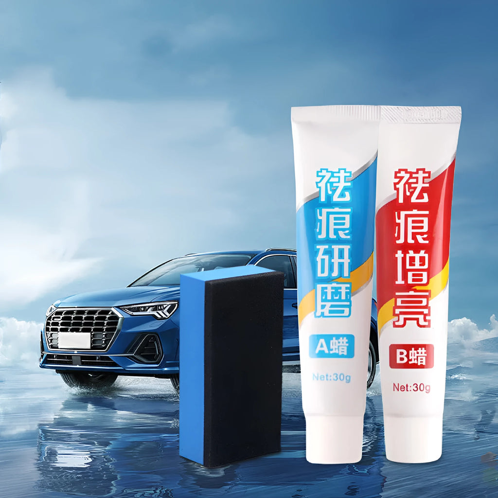 Car repair wax kit containing A and B compounds with frosted sponge mop for scratch removal and paint polishing