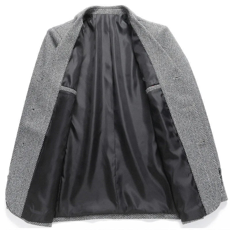Men's solid colour woolen style coat in a loose fit, shown in black, khaki, grey, or dark blue.