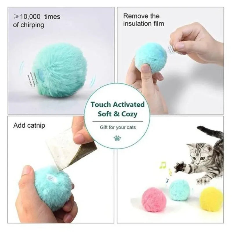 Interactive cat toy ball in blue, pink and yellow colours with animal sounds and touch trigger