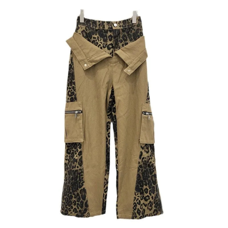 Women's dark khaki leopard print high waist straight leg jeans with contrast stitching tooling style detail