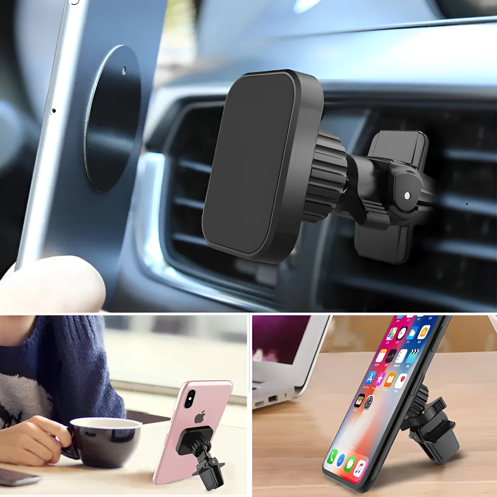 Black magnetic car phone holder attached to vehicle air vent with mobile phone mounted
