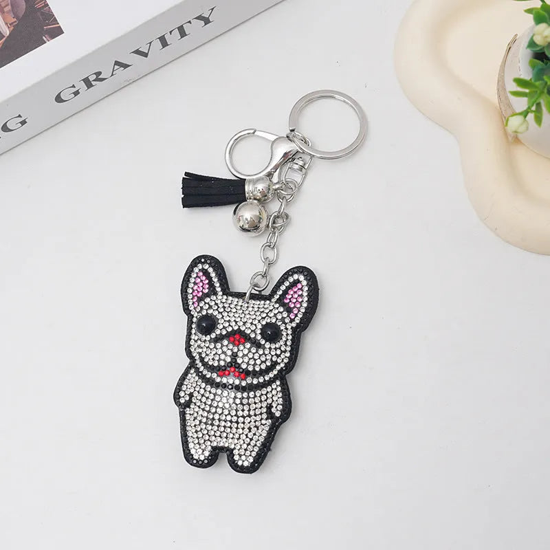 French dog rhinestone keychain with cartoon bear pendant in caramel colour.