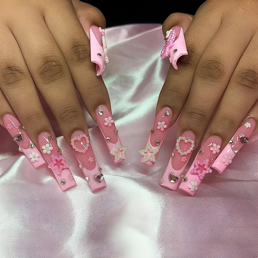 Super Long Water Pipe French Spot Drill Bow false nails with love pattern in XB-70-48 colour