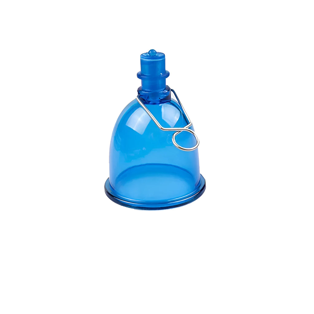 Blue silicone masturbator cup for men, shown in small, medium, and large sizes.